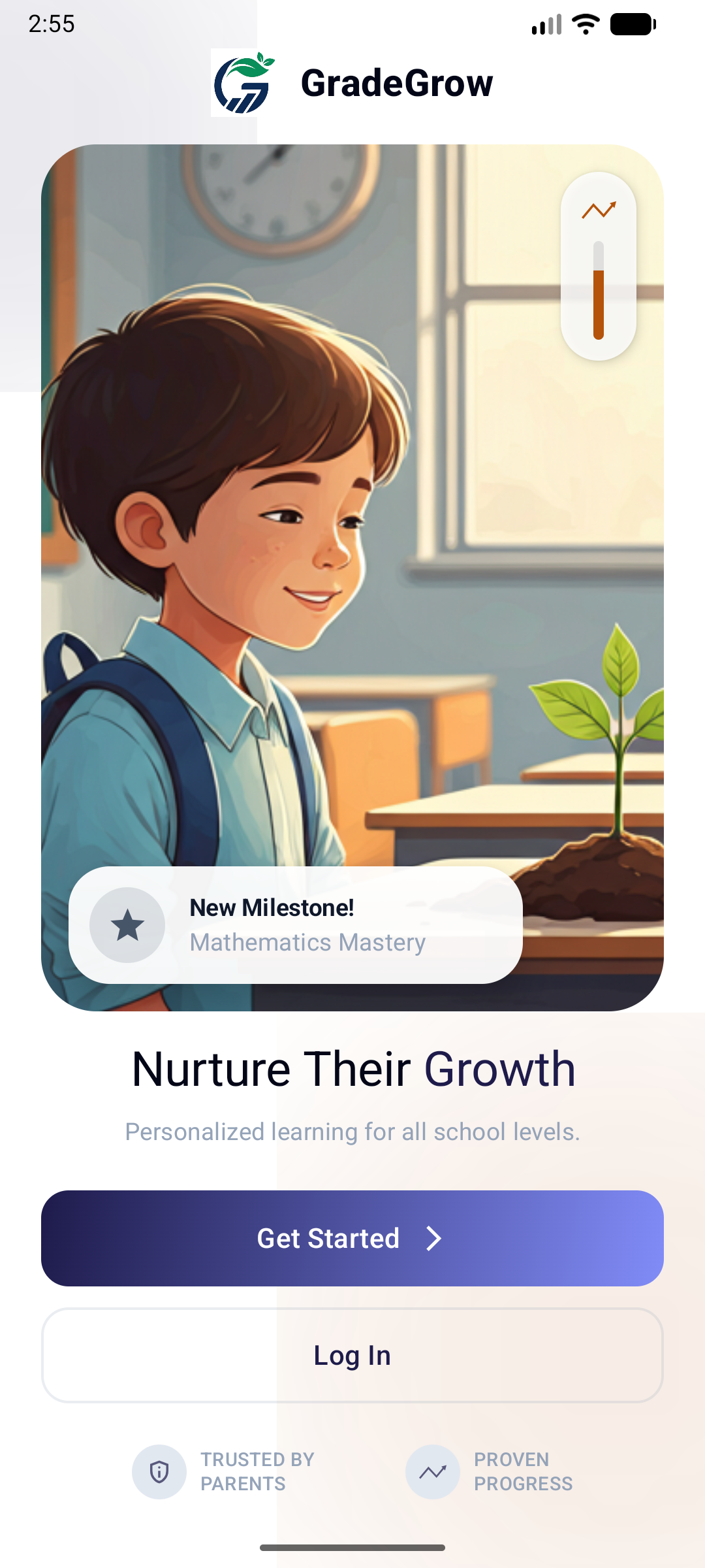 GradeGrow welcome screen